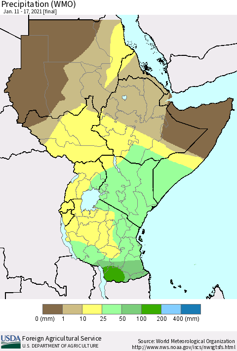 Eastern Africa Precipitation (WMO) Thematic Map For 1/11/2021 - 1/17/2021