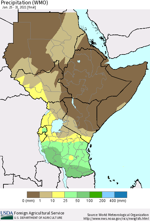 Eastern Africa Precipitation (WMO) Thematic Map For 1/25/2021 - 1/31/2021