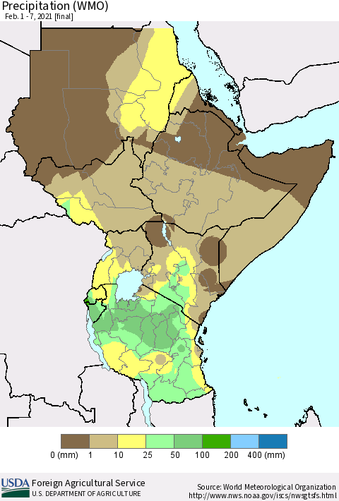 Eastern Africa Precipitation (WMO) Thematic Map For 2/1/2021 - 2/7/2021