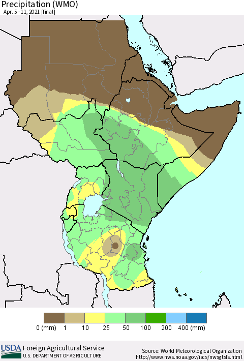 Eastern Africa Precipitation (WMO) Thematic Map For 4/5/2021 - 4/11/2021