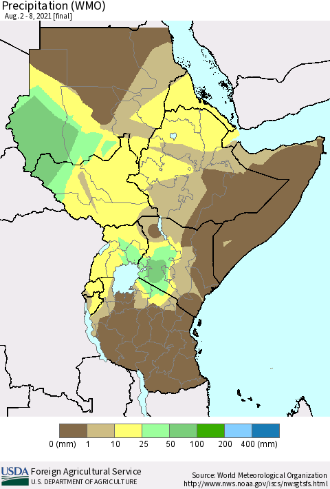 Eastern Africa Precipitation (WMO) Thematic Map For 8/2/2021 - 8/8/2021