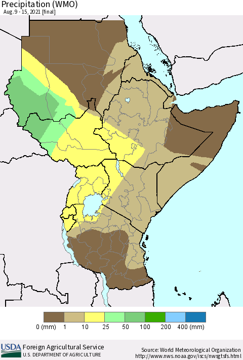 Eastern Africa Precipitation (WMO) Thematic Map For 8/9/2021 - 8/15/2021