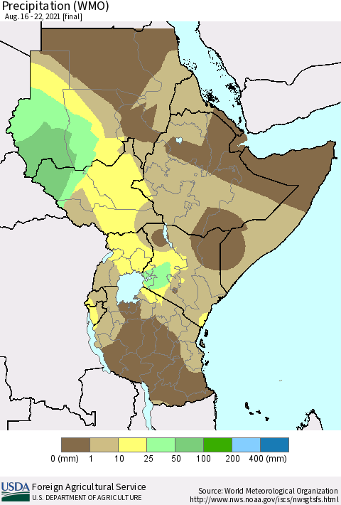 Eastern Africa Precipitation (WMO) Thematic Map For 8/16/2021 - 8/22/2021