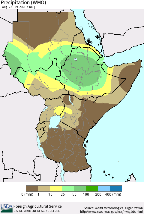 Eastern Africa Precipitation (WMO) Thematic Map For 8/23/2021 - 8/29/2021