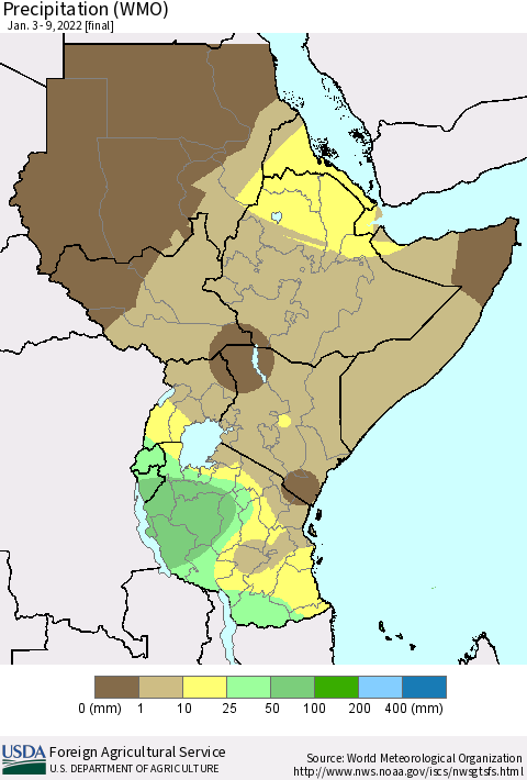 Eastern Africa Precipitation (WMO) Thematic Map For 1/3/2022 - 1/9/2022