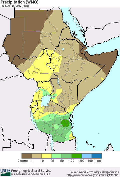 Eastern Africa Precipitation (WMO) Thematic Map For 1/10/2022 - 1/16/2022