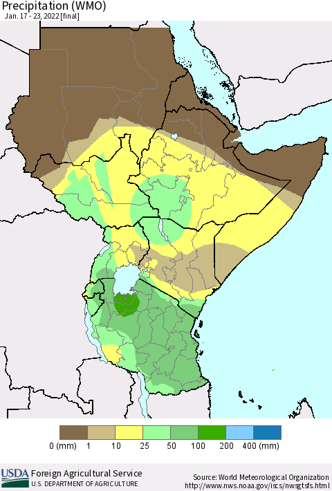 Eastern Africa Precipitation (WMO) Thematic Map For 1/17/2022 - 1/23/2022