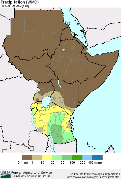 Eastern Africa Precipitation (WMO) Thematic Map For 1/24/2022 - 1/30/2022