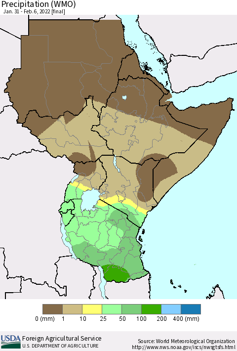 Eastern Africa Precipitation (WMO) Thematic Map For 1/31/2022 - 2/6/2022