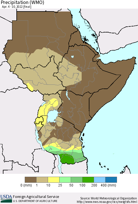 Eastern Africa Precipitation (WMO) Thematic Map For 4/4/2022 - 4/10/2022