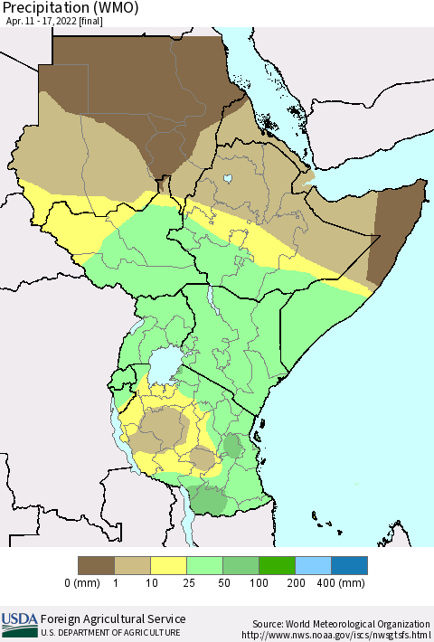 Eastern Africa Precipitation (WMO) Thematic Map For 4/11/2022 - 4/17/2022