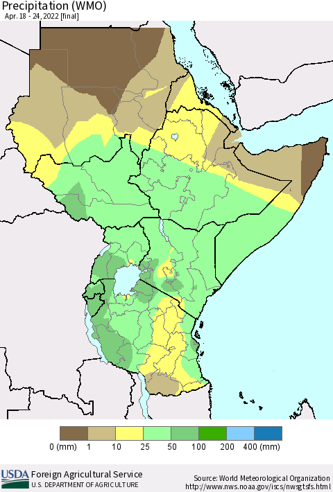 Eastern Africa Precipitation (WMO) Thematic Map For 4/18/2022 - 4/24/2022