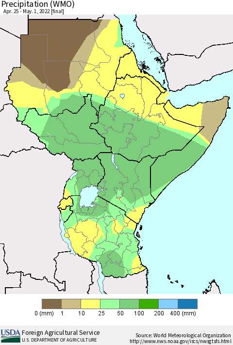Eastern Africa Precipitation (WMO) Thematic Map For 4/25/2022 - 5/1/2022