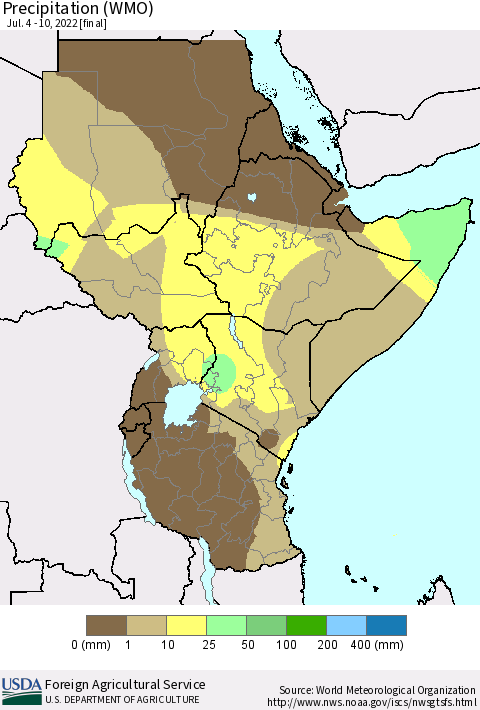 Eastern Africa Precipitation (WMO) Thematic Map For 7/4/2022 - 7/10/2022