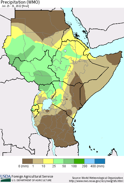 Eastern Africa Precipitation (WMO) Thematic Map For 7/25/2022 - 7/31/2022