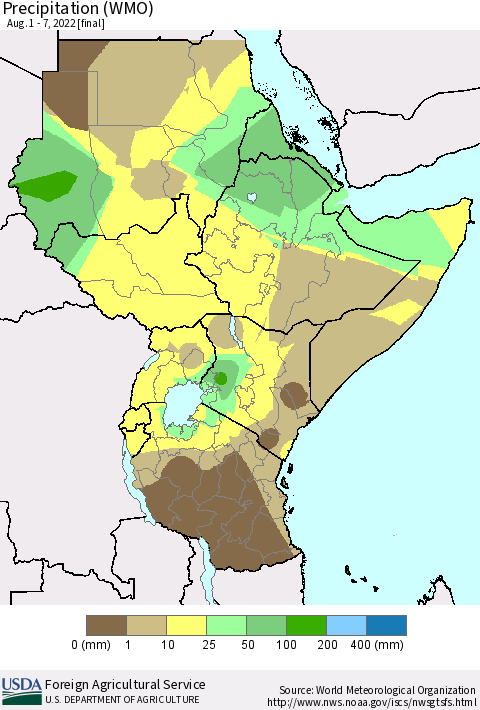 Eastern Africa Precipitation (WMO) Thematic Map For 8/1/2022 - 8/7/2022