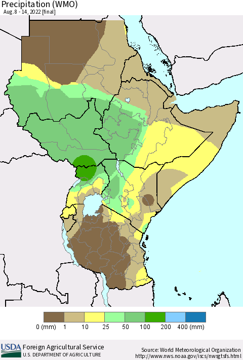 Eastern Africa Precipitation (WMO) Thematic Map For 8/8/2022 - 8/14/2022