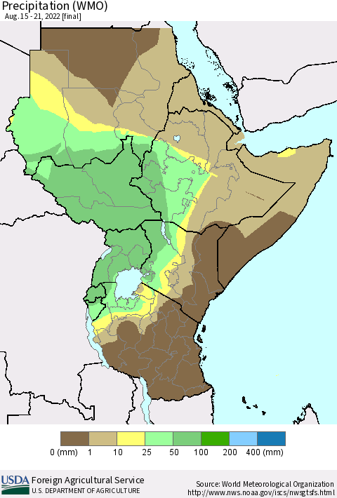 Eastern Africa Precipitation (WMO) Thematic Map For 8/15/2022 - 8/21/2022