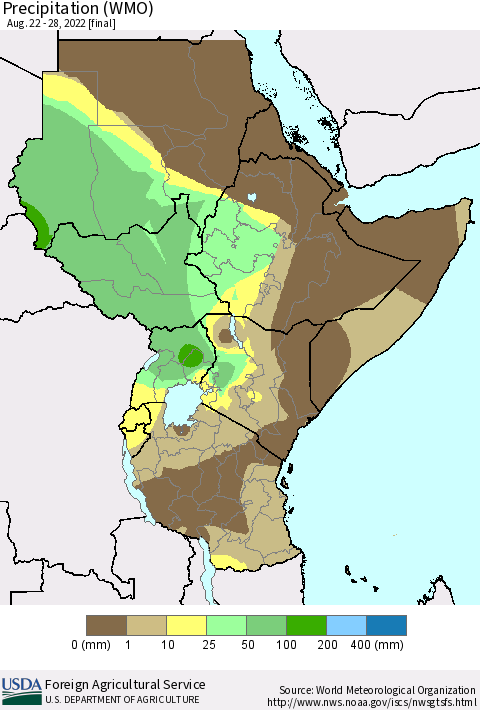 Eastern Africa Precipitation (WMO) Thematic Map For 8/22/2022 - 8/28/2022