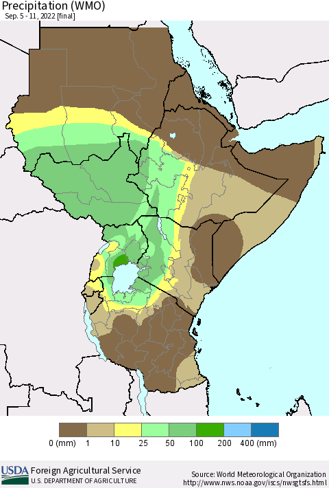 Eastern Africa Precipitation (WMO) Thematic Map For 9/5/2022 - 9/11/2022