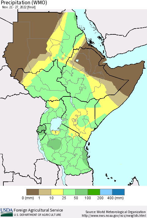 Eastern Africa Precipitation (WMO) Thematic Map For 11/21/2022 - 11/27/2022
