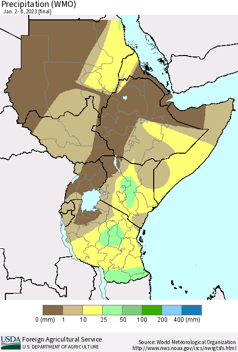 Eastern Africa Precipitation (WMO) Thematic Map For 1/2/2023 - 1/8/2023