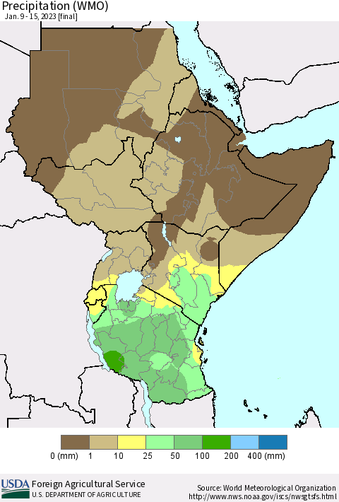 Eastern Africa Precipitation (WMO) Thematic Map For 1/9/2023 - 1/15/2023