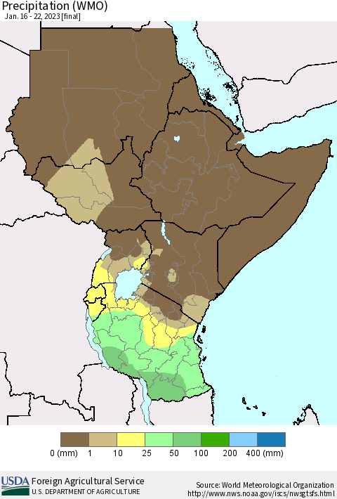 Eastern Africa Precipitation (WMO) Thematic Map For 1/16/2023 - 1/22/2023