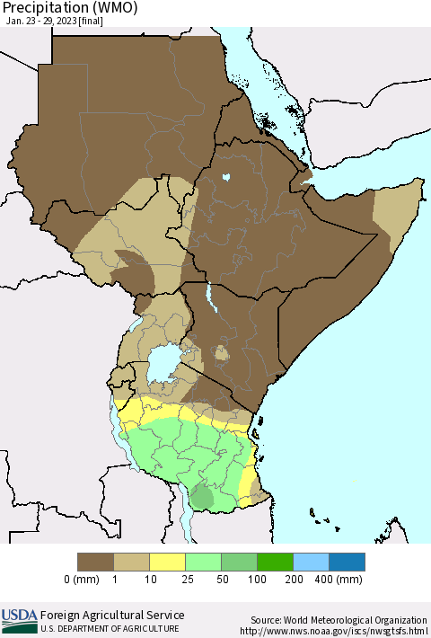 Eastern Africa Precipitation (WMO) Thematic Map For 1/23/2023 - 1/29/2023