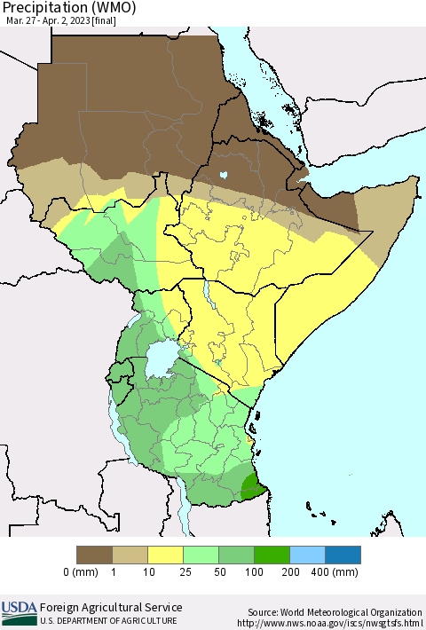 Eastern Africa Precipitation (WMO) Thematic Map For 3/27/2023 - 4/2/2023