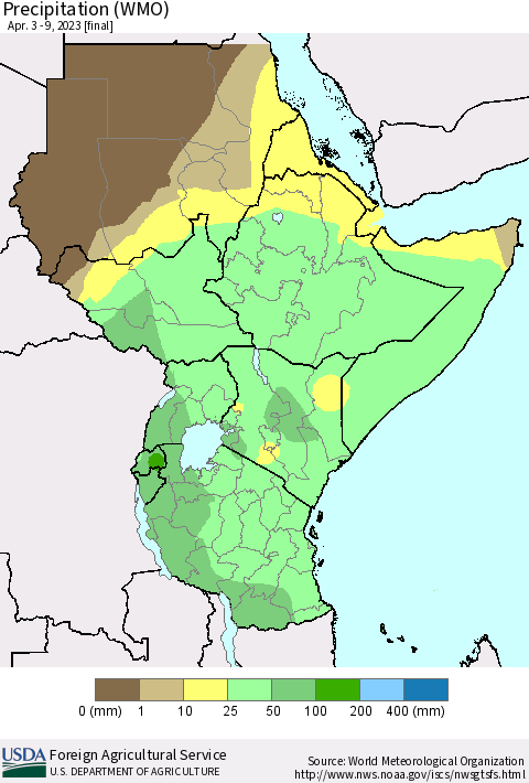 Eastern Africa Precipitation (WMO) Thematic Map For 4/3/2023 - 4/9/2023