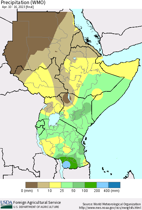 Eastern Africa Precipitation (WMO) Thematic Map For 4/10/2023 - 4/16/2023