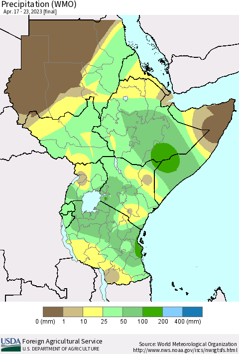 Eastern Africa Precipitation (WMO) Thematic Map For 4/17/2023 - 4/23/2023