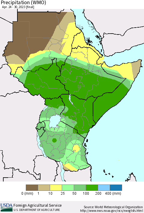 Eastern Africa Precipitation (WMO) Thematic Map For 4/24/2023 - 4/30/2023