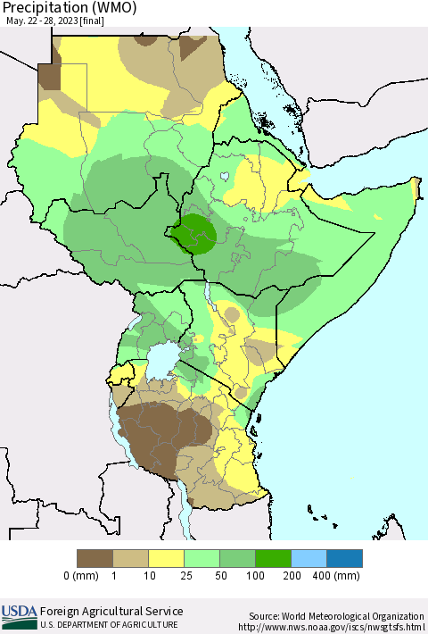 Eastern Africa Precipitation (WMO) Thematic Map For 5/22/2023 - 5/28/2023