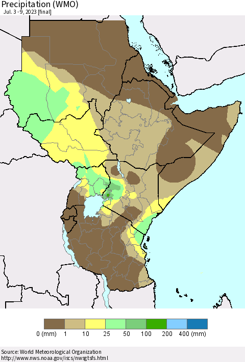 Eastern Africa Precipitation (WMO) Thematic Map For 7/3/2023 - 7/9/2023