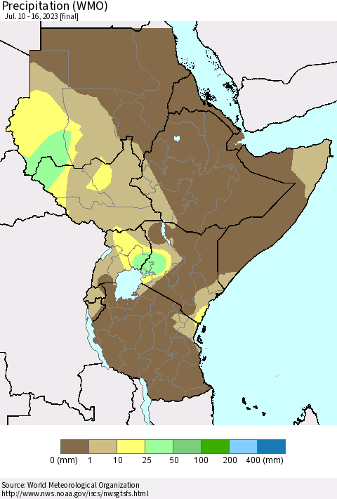 Eastern Africa Precipitation (WMO) Thematic Map For 7/10/2023 - 7/16/2023
