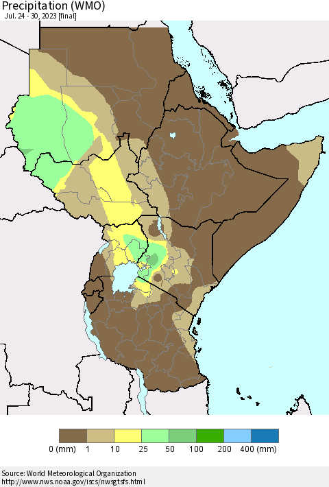 Eastern Africa Precipitation (WMO) Thematic Map For 7/24/2023 - 7/30/2023