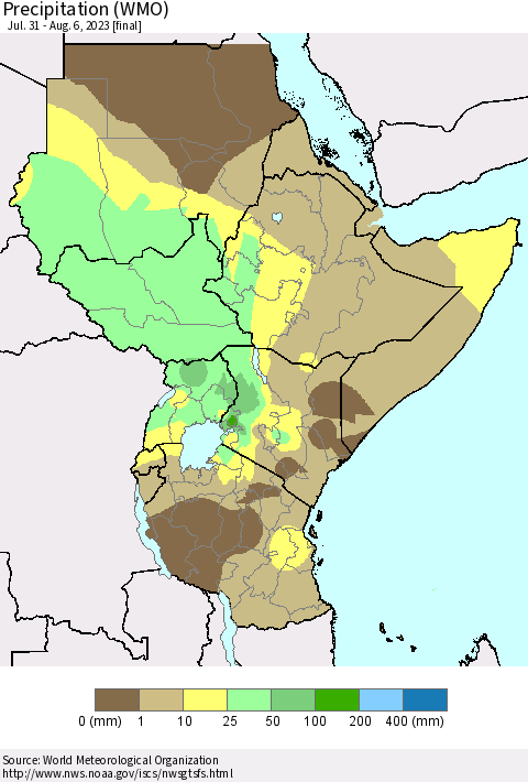 Eastern Africa Precipitation (WMO) Thematic Map For 7/31/2023 - 8/6/2023