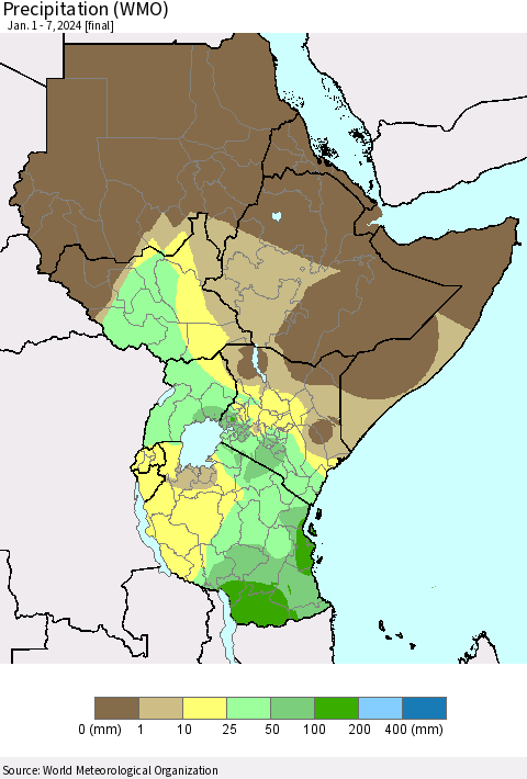 Eastern Africa Precipitation (WMO) Thematic Map For 1/1/2024 - 1/7/2024