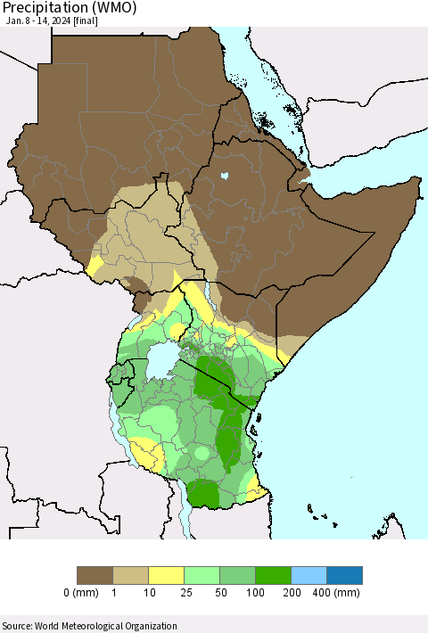 Eastern Africa Precipitation (WMO) Thematic Map For 1/8/2024 - 1/14/2024