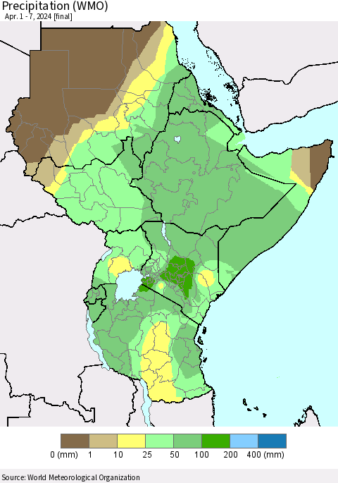 Eastern Africa Precipitation (WMO) Thematic Map For 4/1/2024 - 4/7/2024