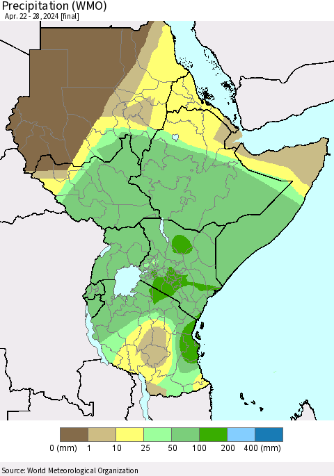 Eastern Africa Precipitation (WMO) Thematic Map For 4/22/2024 - 4/28/2024