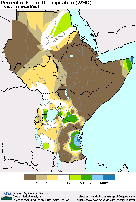 Eastern Africa Percent of Normal Precipitation (WMO) Thematic Map For 10/8/2018 - 10/14/2018
