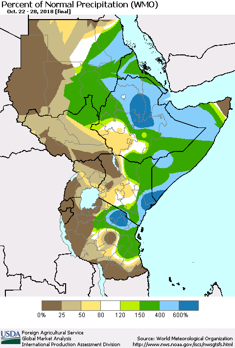 Eastern Africa Percent of Normal Precipitation (WMO) Thematic Map For 10/22/2018 - 10/28/2018