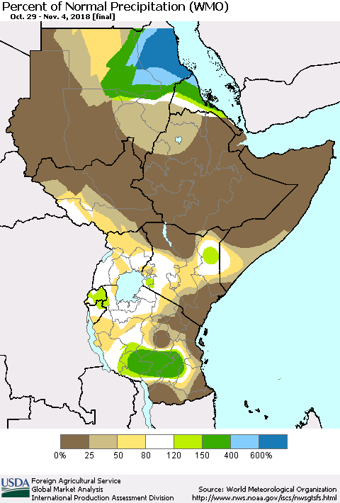 Eastern Africa Percent of Normal Precipitation (WMO) Thematic Map For 10/29/2018 - 11/4/2018