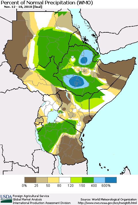 Eastern Africa Percent of Normal Precipitation (WMO) Thematic Map For 11/12/2018 - 11/18/2018