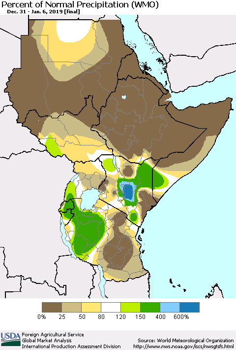 Eastern Africa Percent of Normal Precipitation (WMO) Thematic Map For 12/31/2018 - 1/6/2019