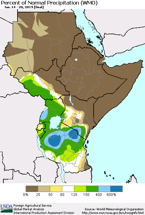 Eastern Africa Percent of Normal Precipitation (WMO) Thematic Map For 1/14/2019 - 1/20/2019