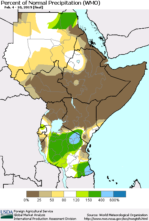 Eastern Africa Percent of Normal Precipitation (WMO) Thematic Map For 2/4/2019 - 2/10/2019